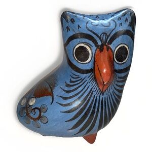 Mexico Tonala Pottery Owl Figurine Handmade Hand Painted Folk Art Bird Blue